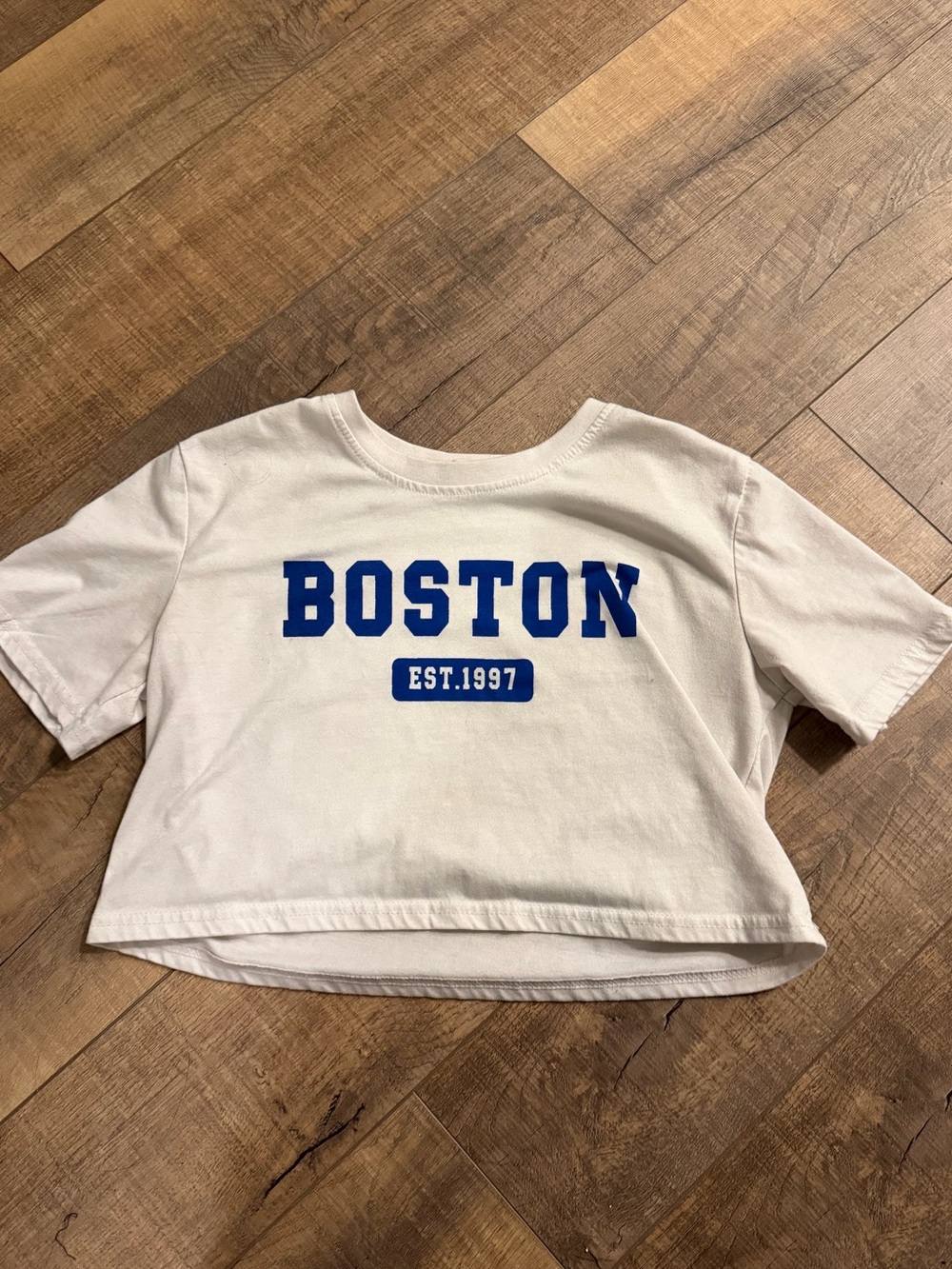 ROMWE Cream Crop Tee with Blue Boston Graphic